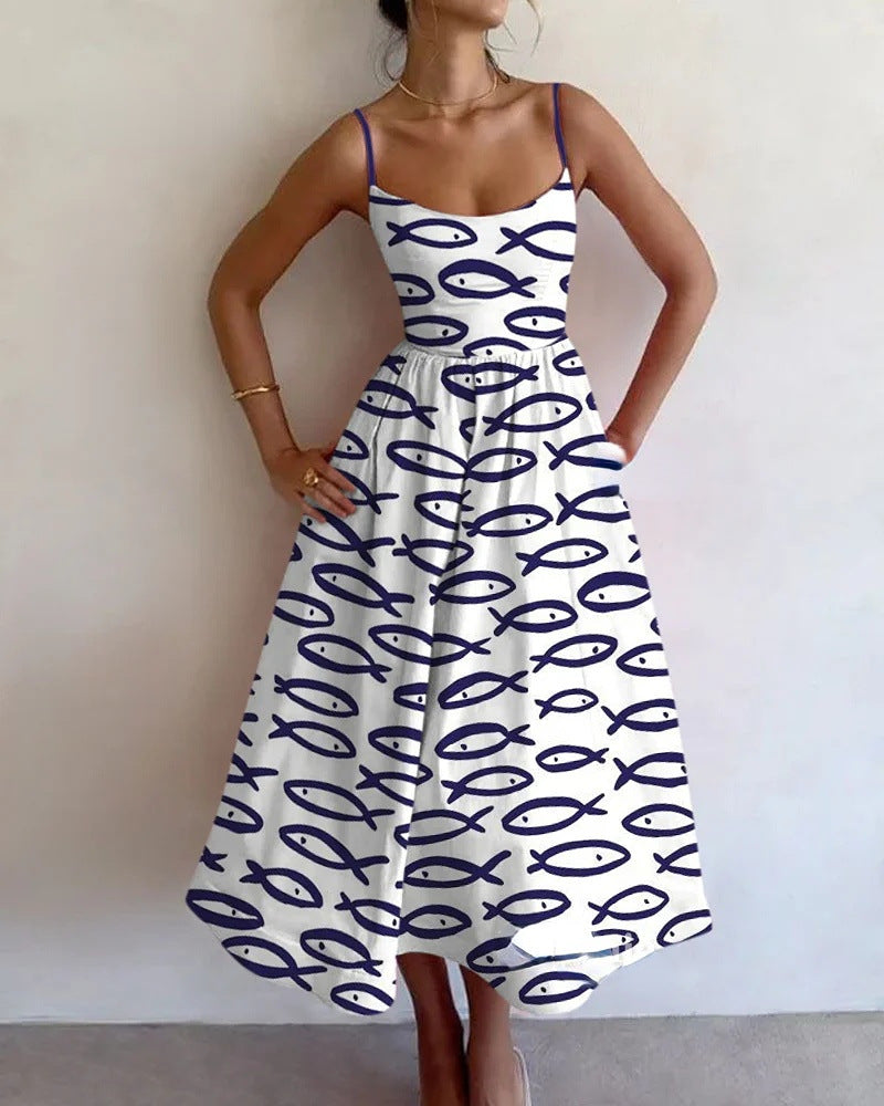 Women's Coastal Sketch Midi Dress - Effortless Summer Style