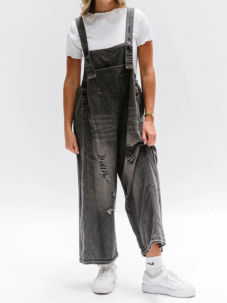 Women's Loose Fit Distressed Denim Overalls - Effortlessly Cool