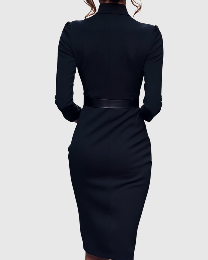 Women's Polyester Midi Dress - Mock Wrap & Belted Fit