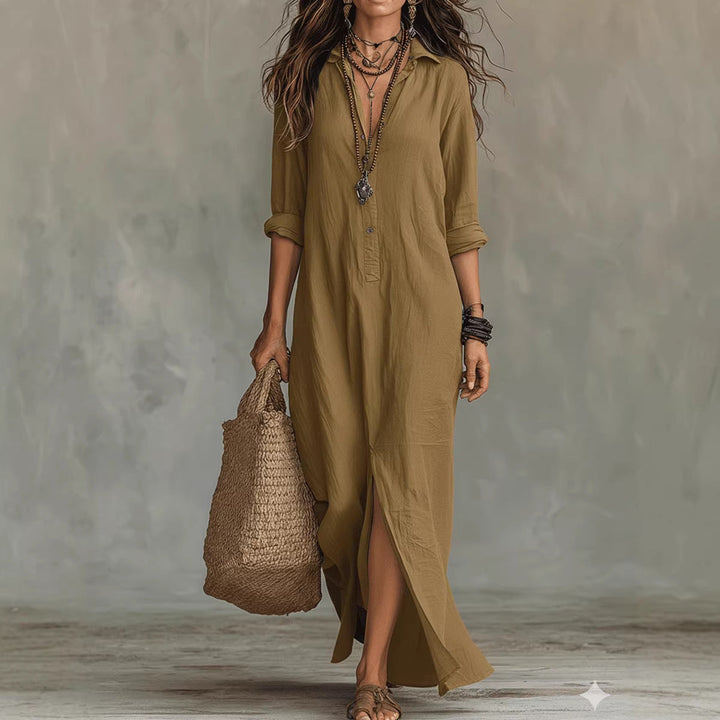 Women's Button-Front Maxi Dress - Flattering Silhouette for Everyday