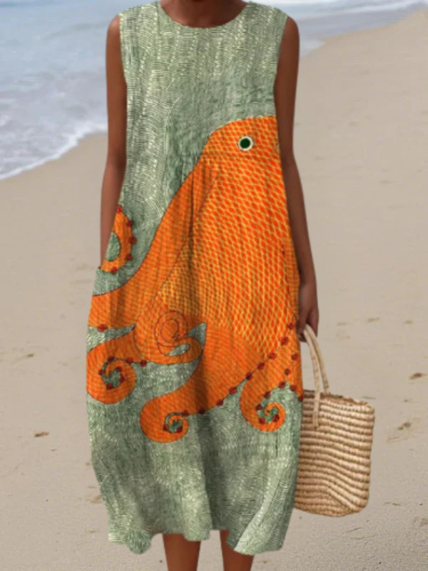 Women's Linen Blend Ocean Print Midi Dress - Lightweight & Breezy