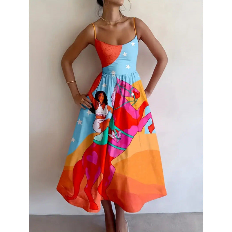 Women's Sunset Muse Midi Dress - Vibrant Artistic Print