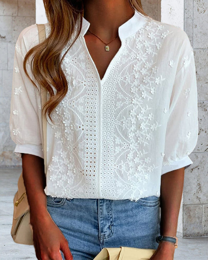 Women's Summer V Neck Puff Sleeve Blouse - Warm-Weather Essential