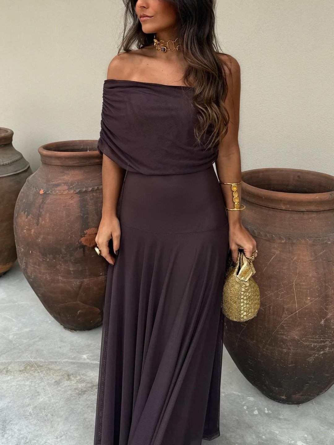 Women's Asymmetrical Mesh One Shoulder Maxi Dress - Effortless Charm