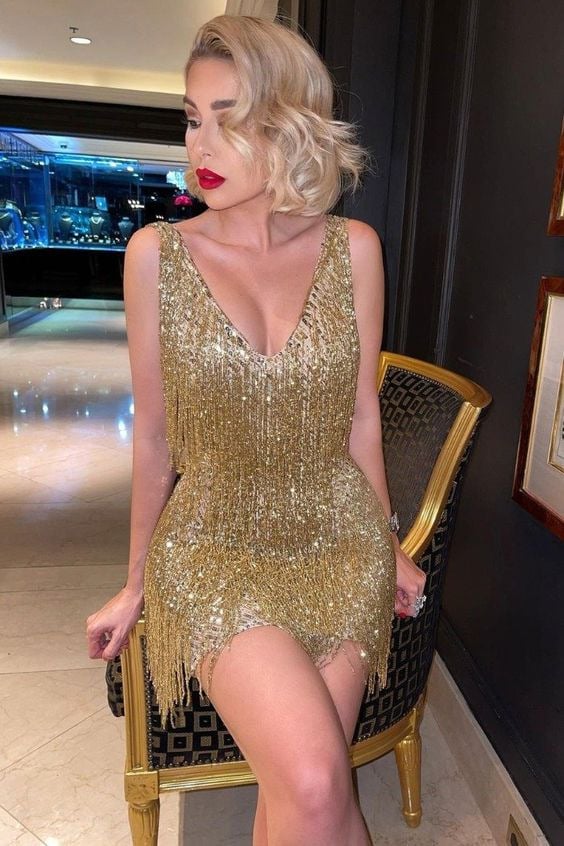Women's Fringed V-Neck Party Dress - Striking & Festive