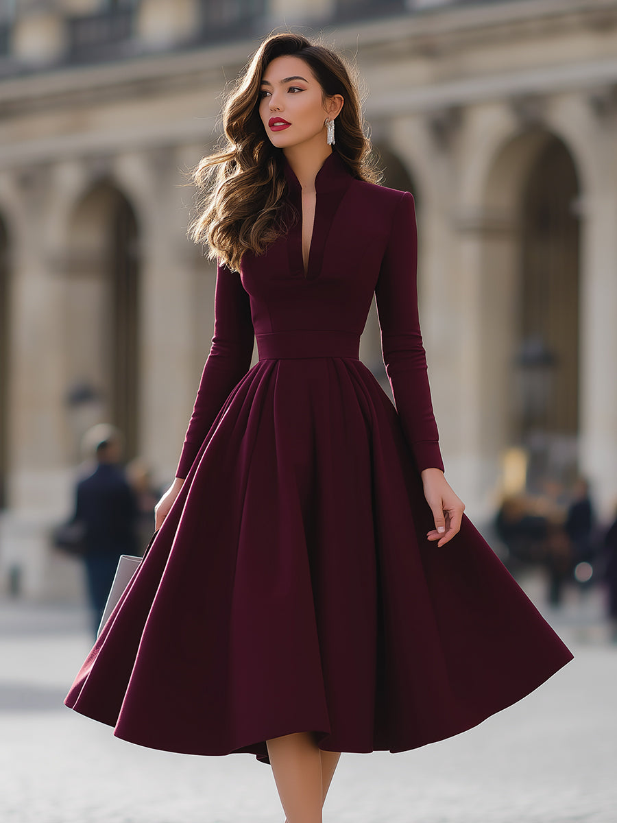 Women's Burgundy V-Neck Midi Dress - Elegant Formal Wear