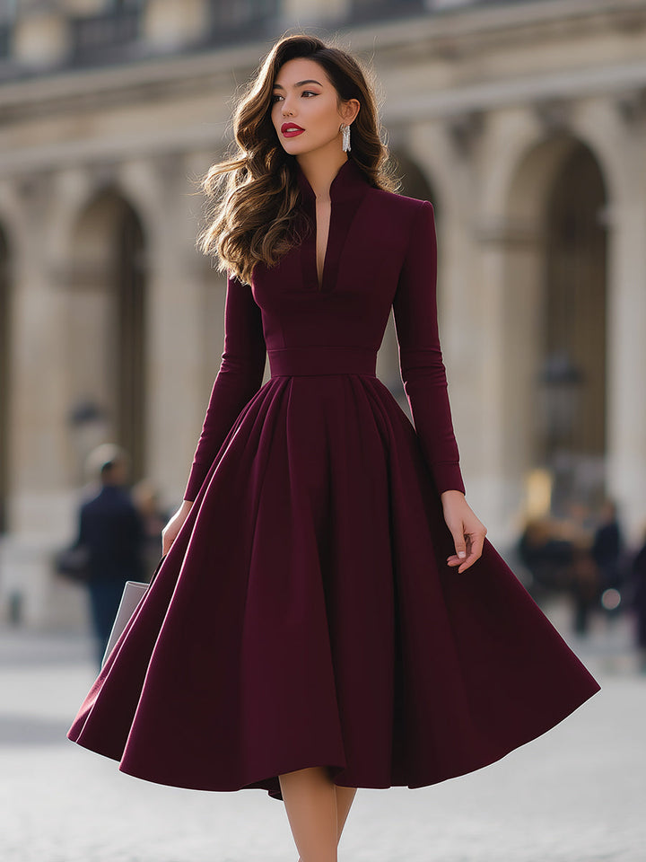 Women's Burgundy V-Neck Midi Dress - Elegant Formal Wear