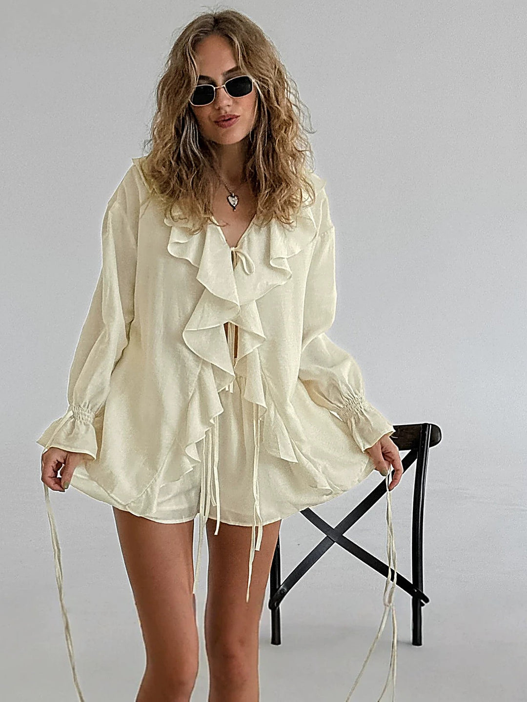 V-Neck Ruffle Shirt + Shorts Set