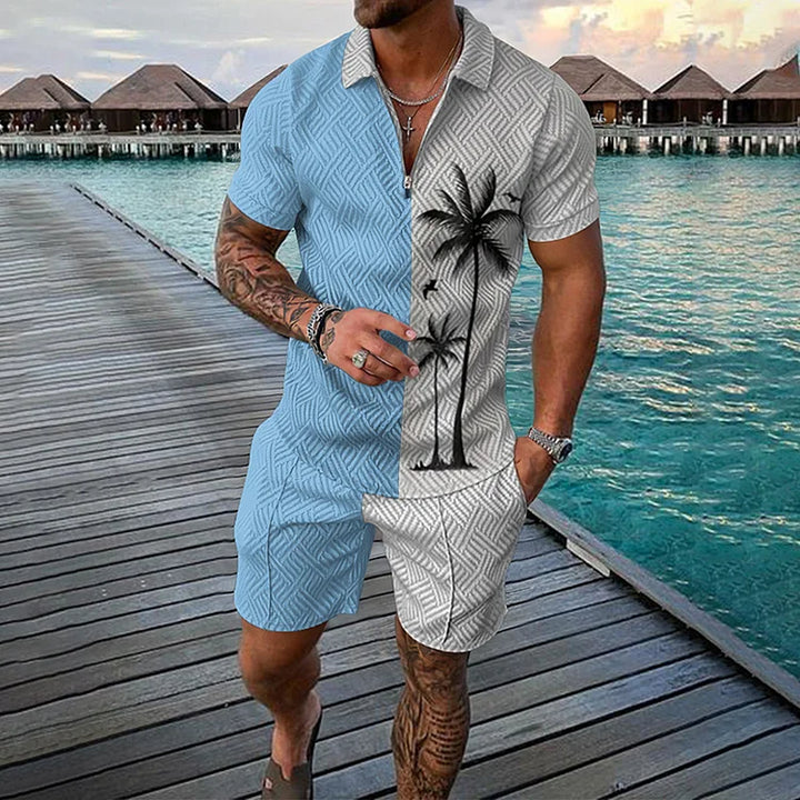Women's Coconut Tree Print Polo & Shorts Set - Vintage