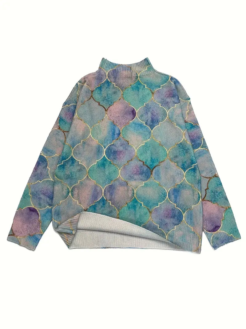 Women's Dreamy Watercolor Turtleneck Sweater - Artistic & Cozy