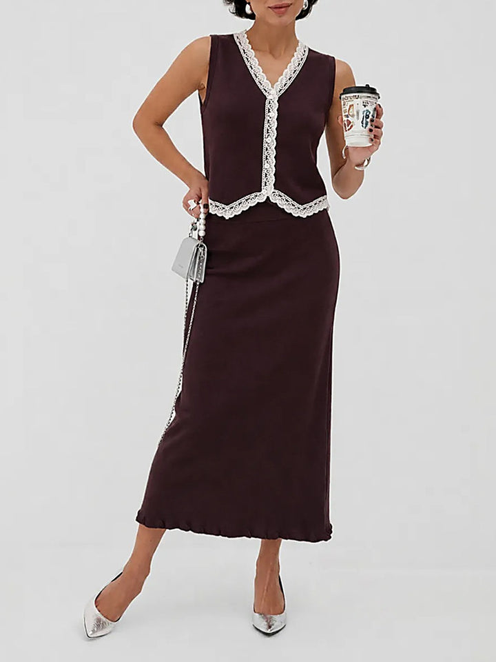 Elegant Colorblock Lace Vest Top + Midi Skirt Set