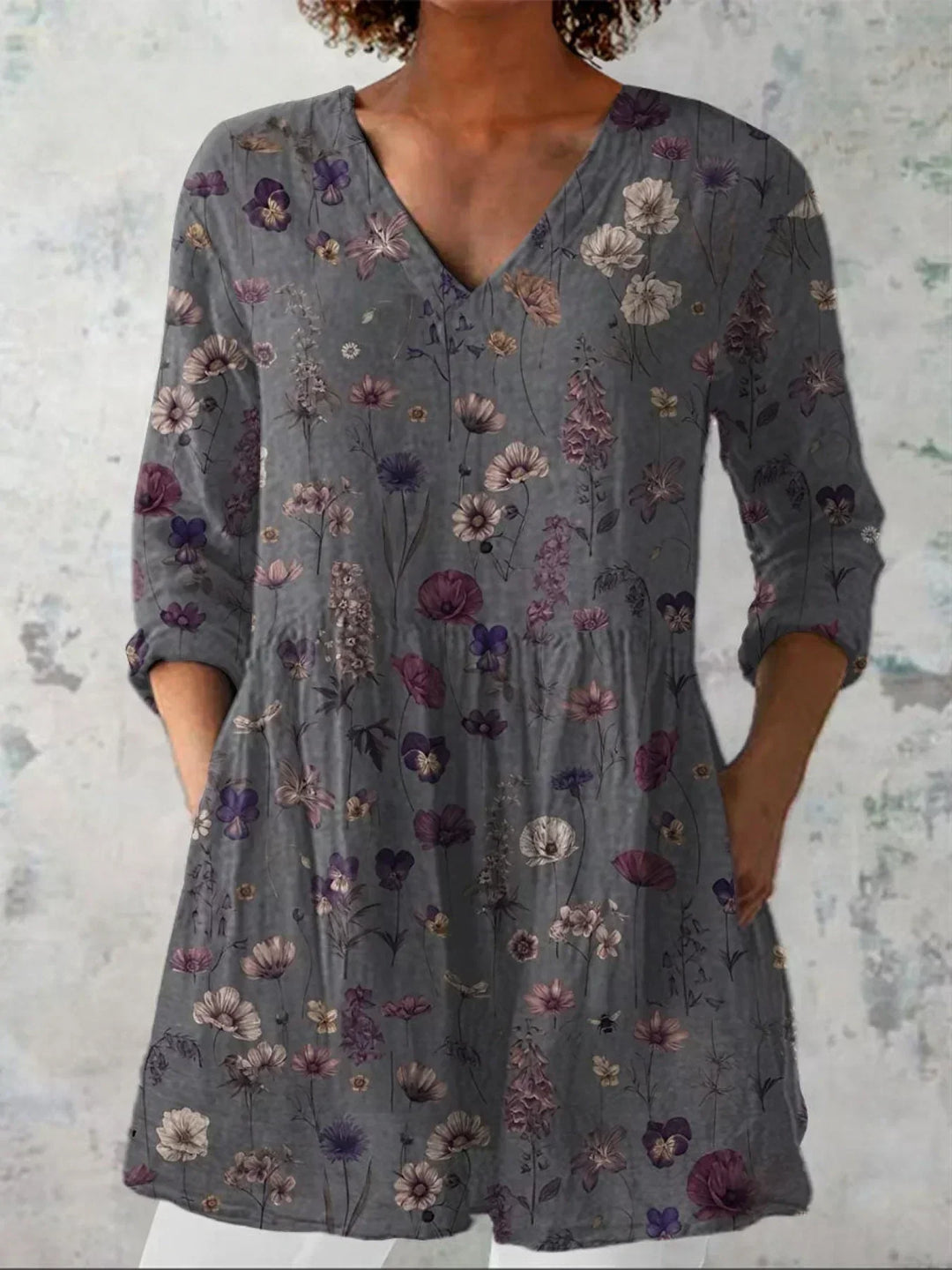 Women's Floral Art Print V-Neck Blouse - Artistic Spring Staple