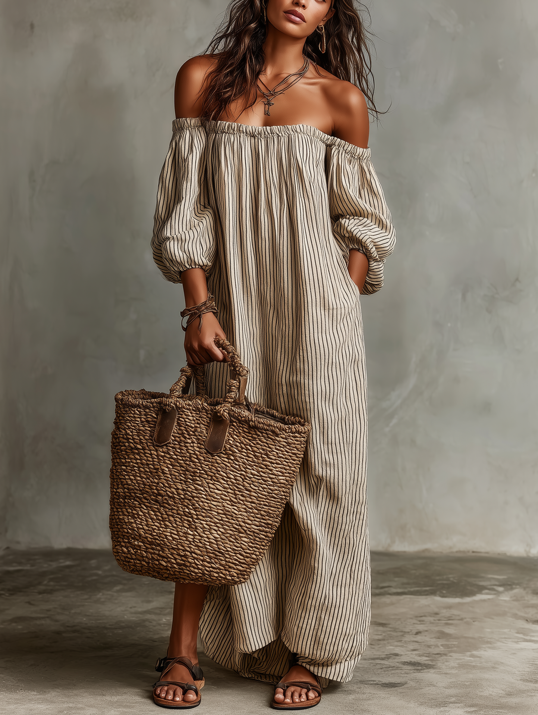 Women's Cotton-Linen Off-Shoulder Maxi Dress - Vacation Ready
