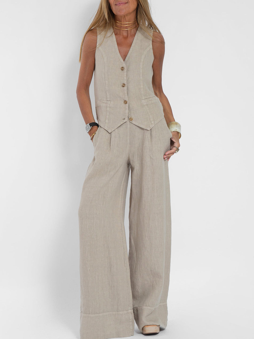 Women's Aira Buttoned Vest and Wide-Leg Trousers Set
