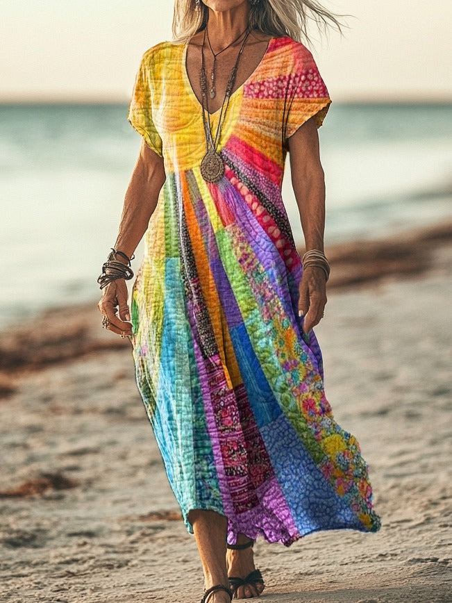 Women's Multicolor Patchwork Maxi Dress - Bohemian Style
