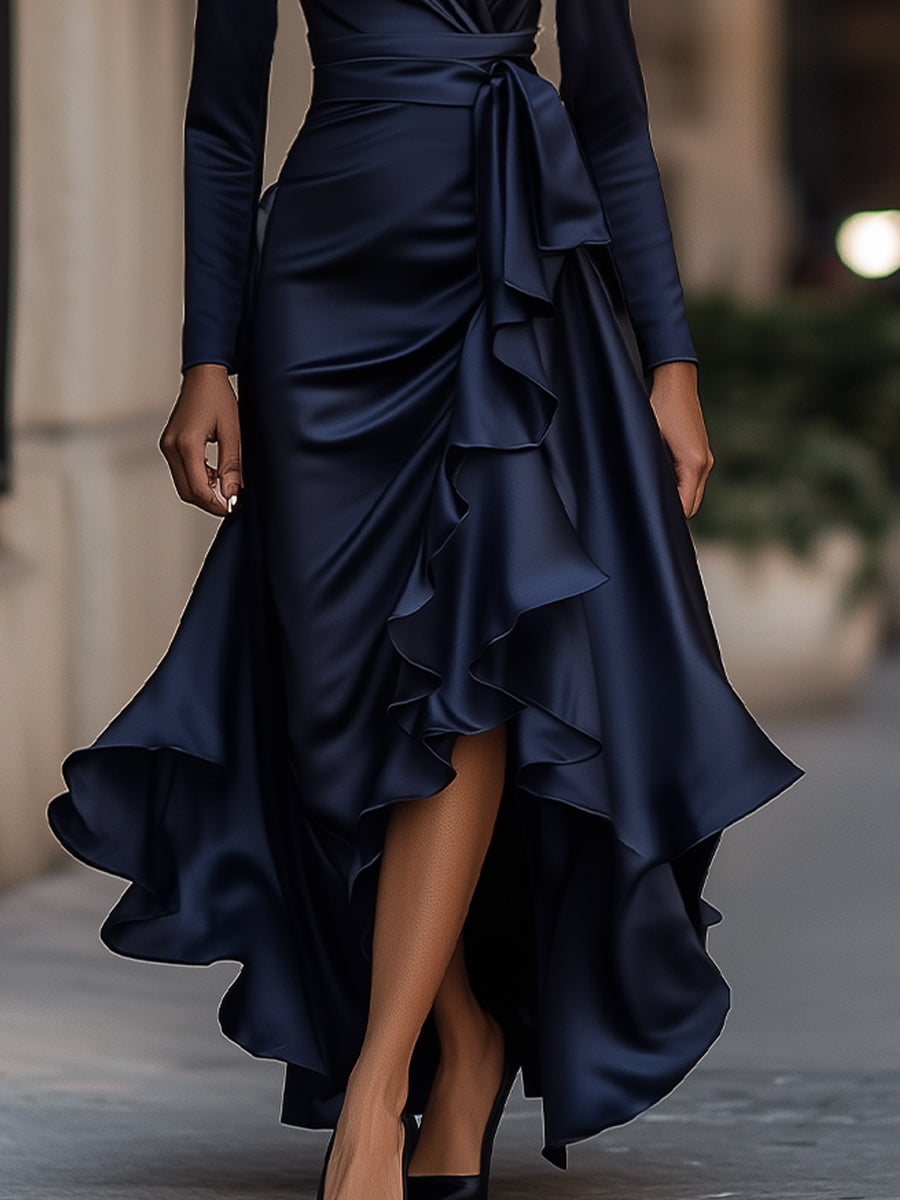Women's Draped Satin Wrap Maxi Dress with Ruffles - Evening Elegance