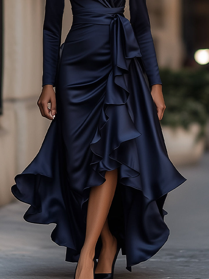 Women's Draped Satin Wrap Maxi Dress with Ruffles - Evening Elegance