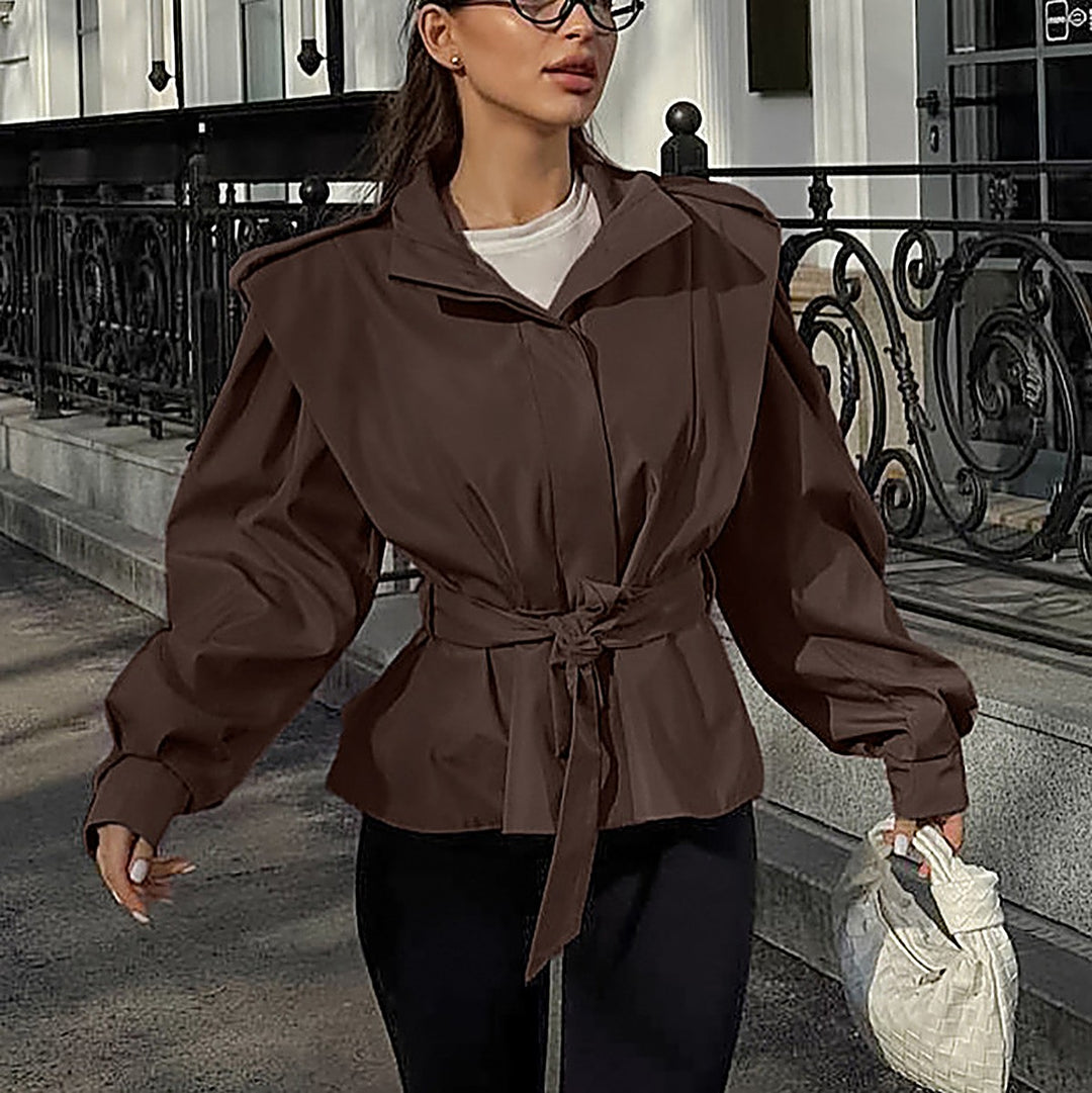 Stand-Collar Tie-Waist Trench Coat