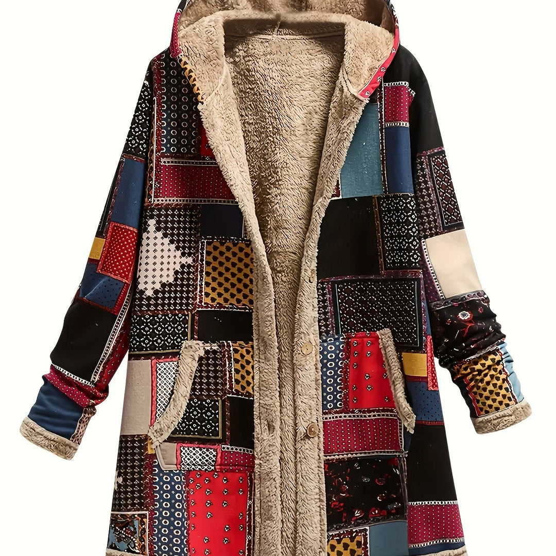 Women's Cozy Patchwork Hooded Coat - Artistic Warmth & Style