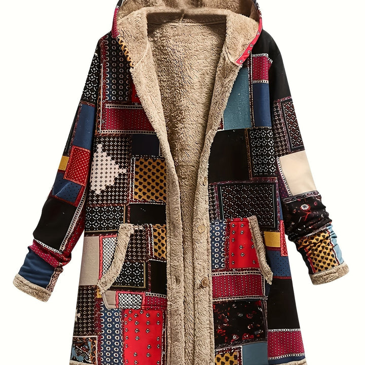 Women's Cozy Patchwork Hooded Coat - Artistic Warmth & Style