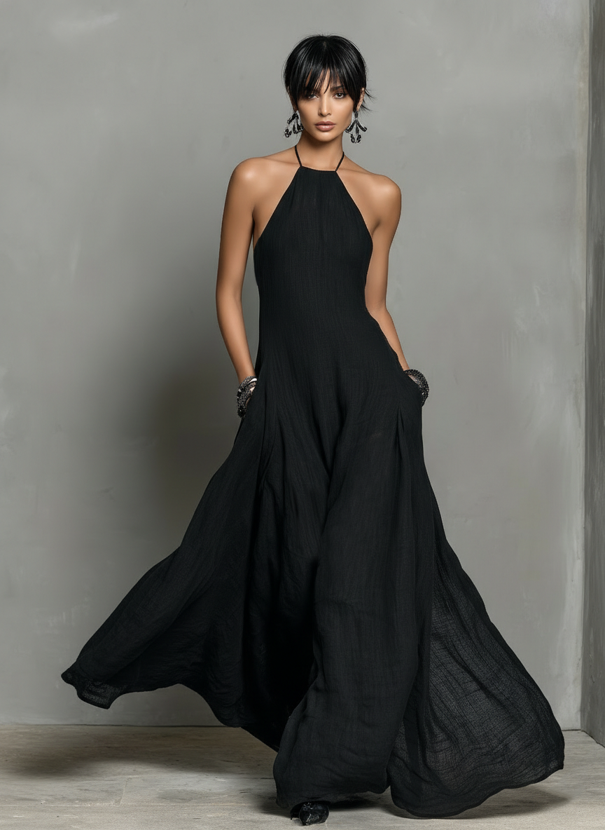 Women's Linen Blend Halter Maxi Dress - Effortless Summer Style