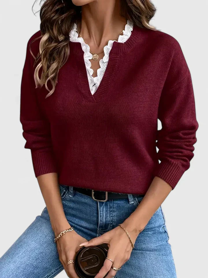 Women's Lace Trim Sweater - Effortless Elegance for Day or Night