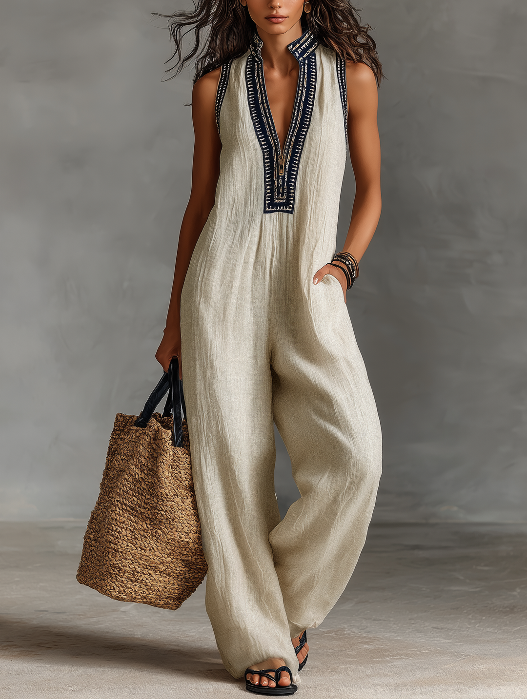 Women's Linen Blend Sleeveless Jumpsuit - Minimalist Everyday