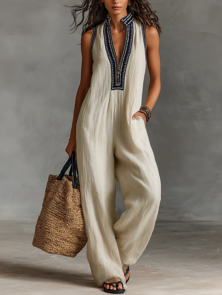 Women's Linen Blend Sleeveless Jumpsuit - Minimalist Everyday