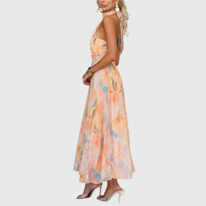 Women's Halter Neck Open-Back Maxi Dress – Watercolour Print