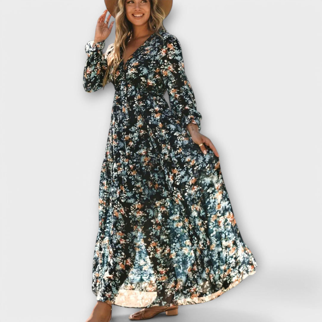 Women's Floral Maxi Dress - Graceful V-Neck & Long Sleeves