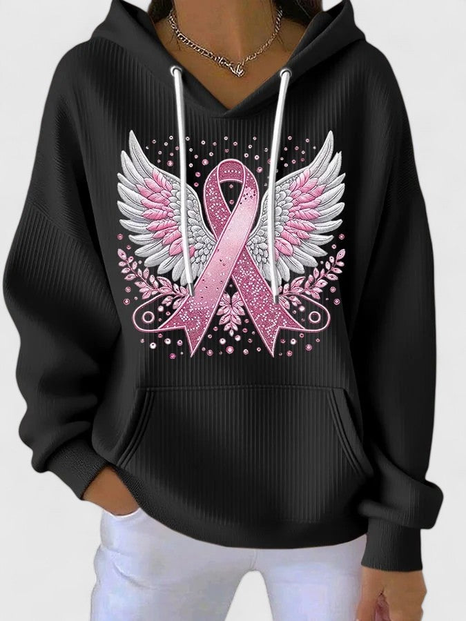 Women's Pink Ribbon Angel Wings Hoodie - Cozy Support Wear
