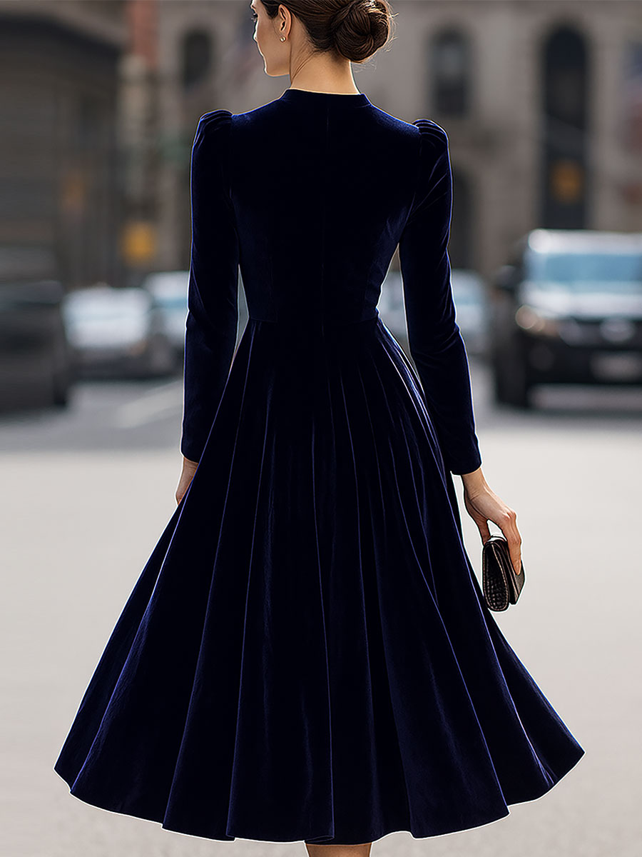Women's Navy Blue Velvet Long-Sleeve Midi Dress - Evening Elegance