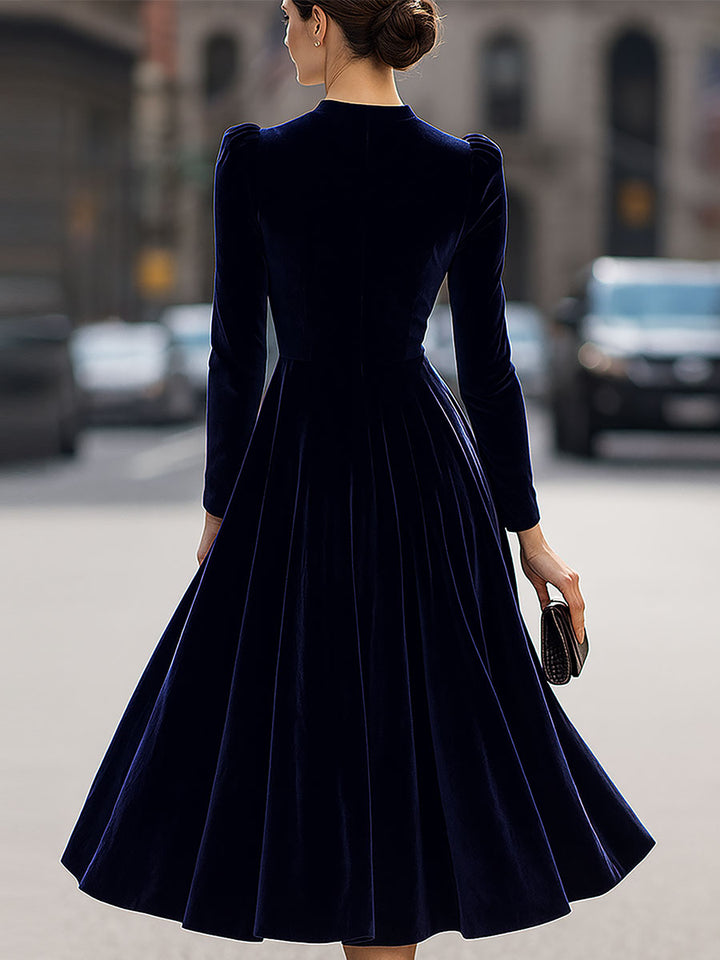 Women's Navy Blue Velvet Long-Sleeve Midi Dress - Evening Elegance