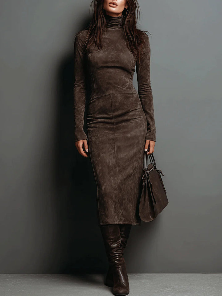 Women's Long Sleeve Suede Midi Dress - Effortless Elegance