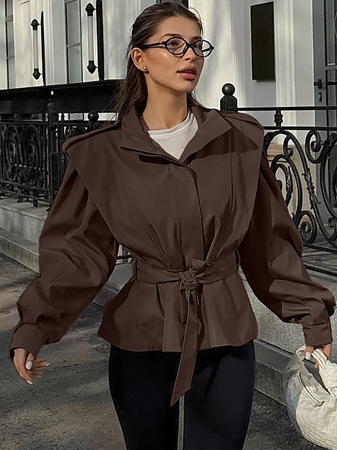 Stand-Collar Tie-Waist Trench Coat