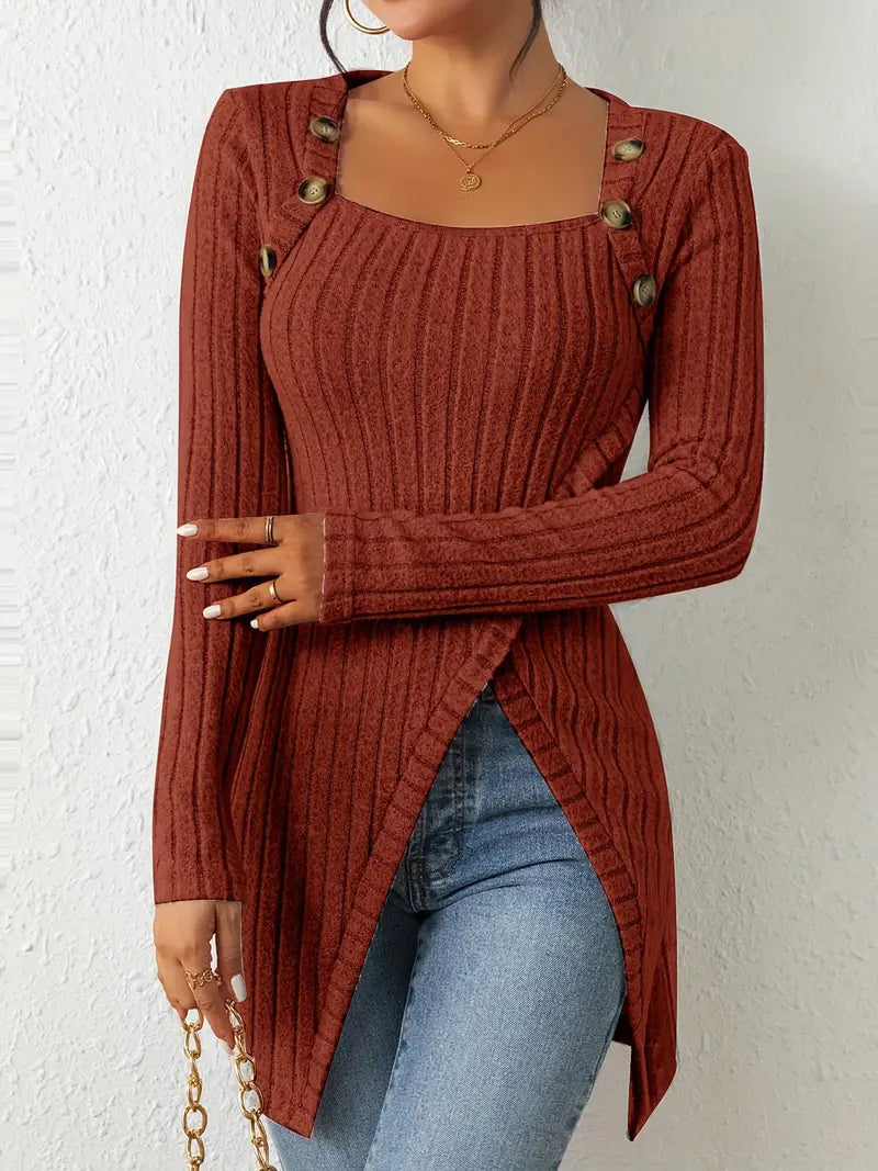 Women's Katherine Modern Ribbed Long Sweater with Button Detail