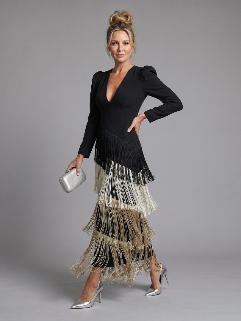 Women's Long Sleeve Fringe Midi Dress - Effortless Elegance