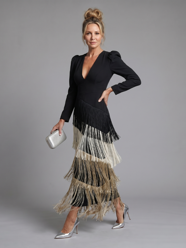 Women's Long Sleeve Fringe Midi Dress - Effortless Elegance