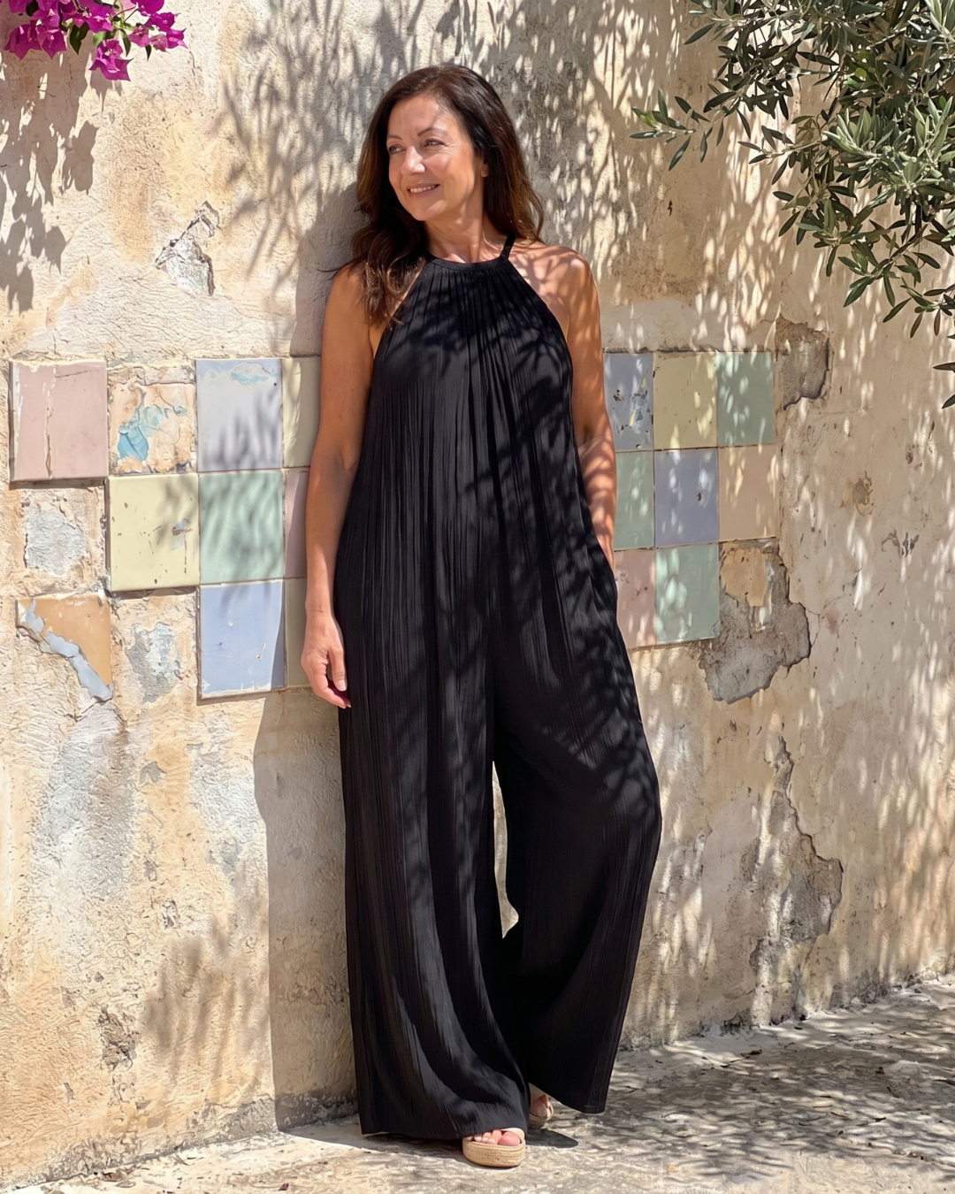 Women's Pleated Halter Neck Wide Leg Jumpsuit - Warm Weather Ease
