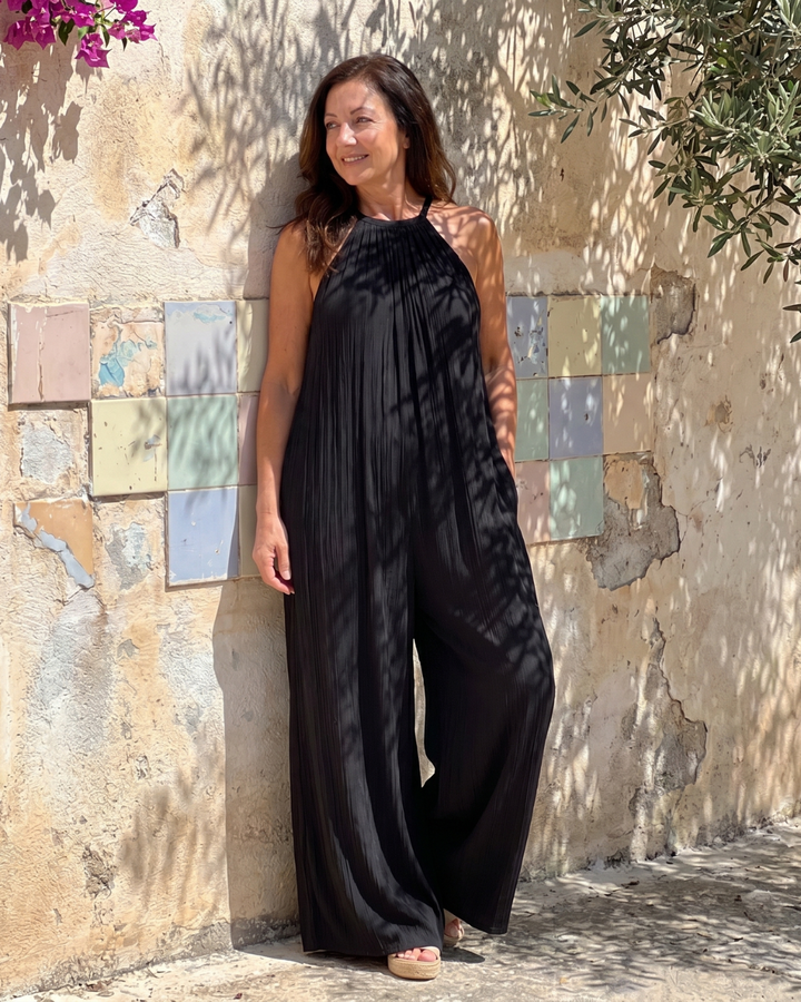 Women's Pleated Halter Neck Wide Leg Jumpsuit - Warm Weather Ease