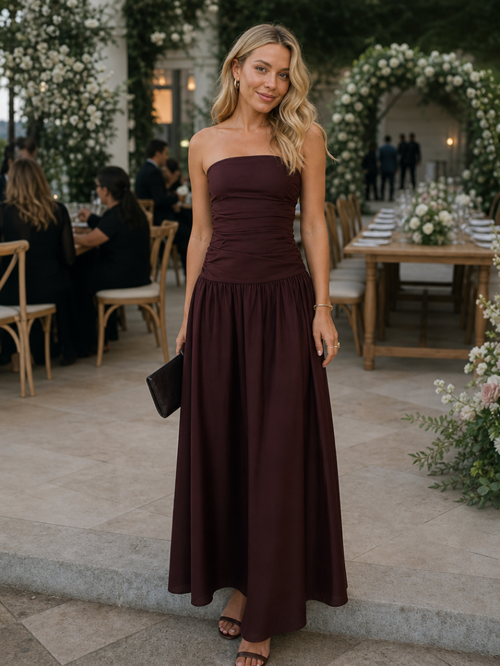 Women's Strapless Ruched Bodice Midi Dress - Effortless Elegance