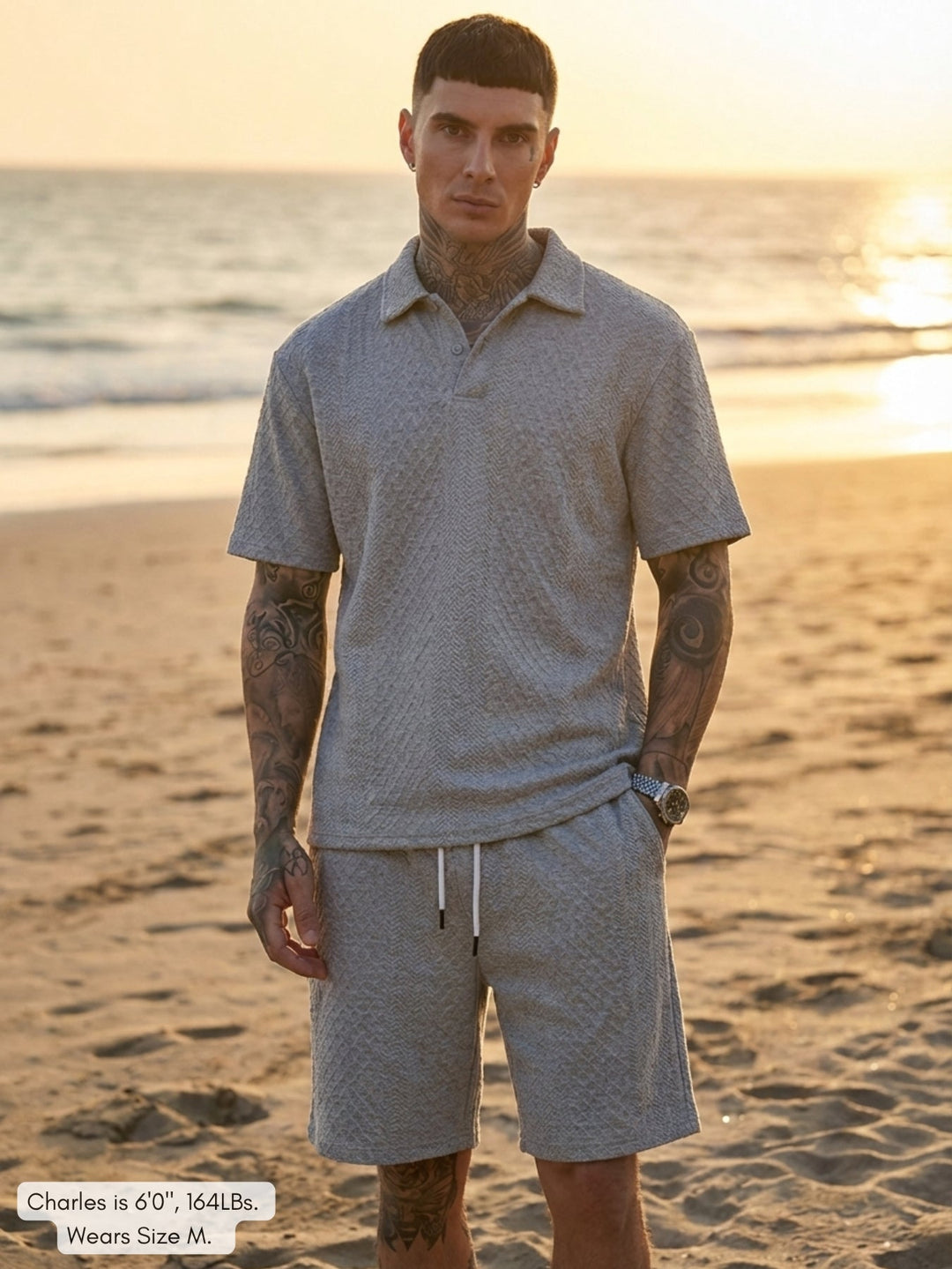 Men's Textured Knit Polo & Shorts Set – Smart Casual Summer Co-Ord
