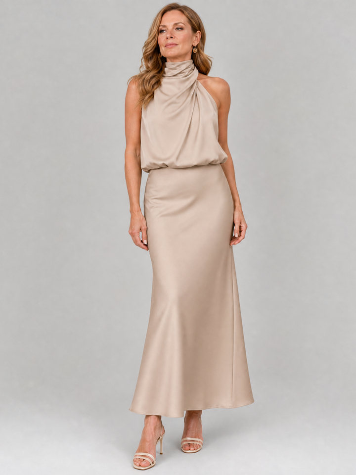 Women's Sleeveless Draped Neck Midi Dress - Effortless Day to Night