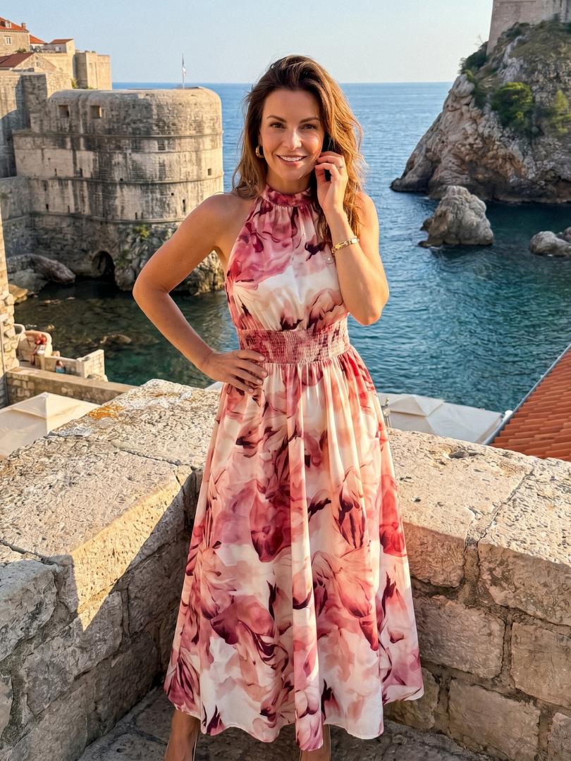 Women's Abstract Print Gathered Waist Midi Dress - Effortless Summer