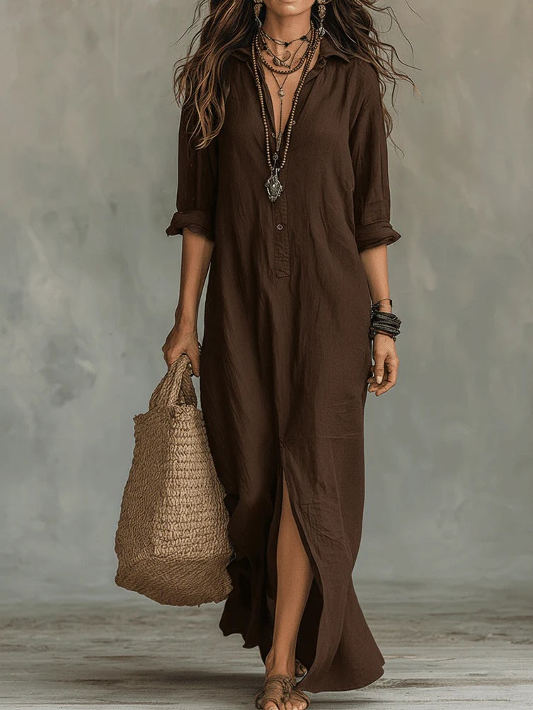 Women's Button-Front Maxi Dress - Flattering Silhouette for Everyday