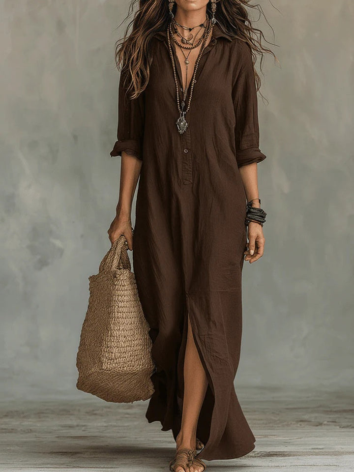 Women's Button-Front Maxi Dress - Flattering Silhouette for Everyday