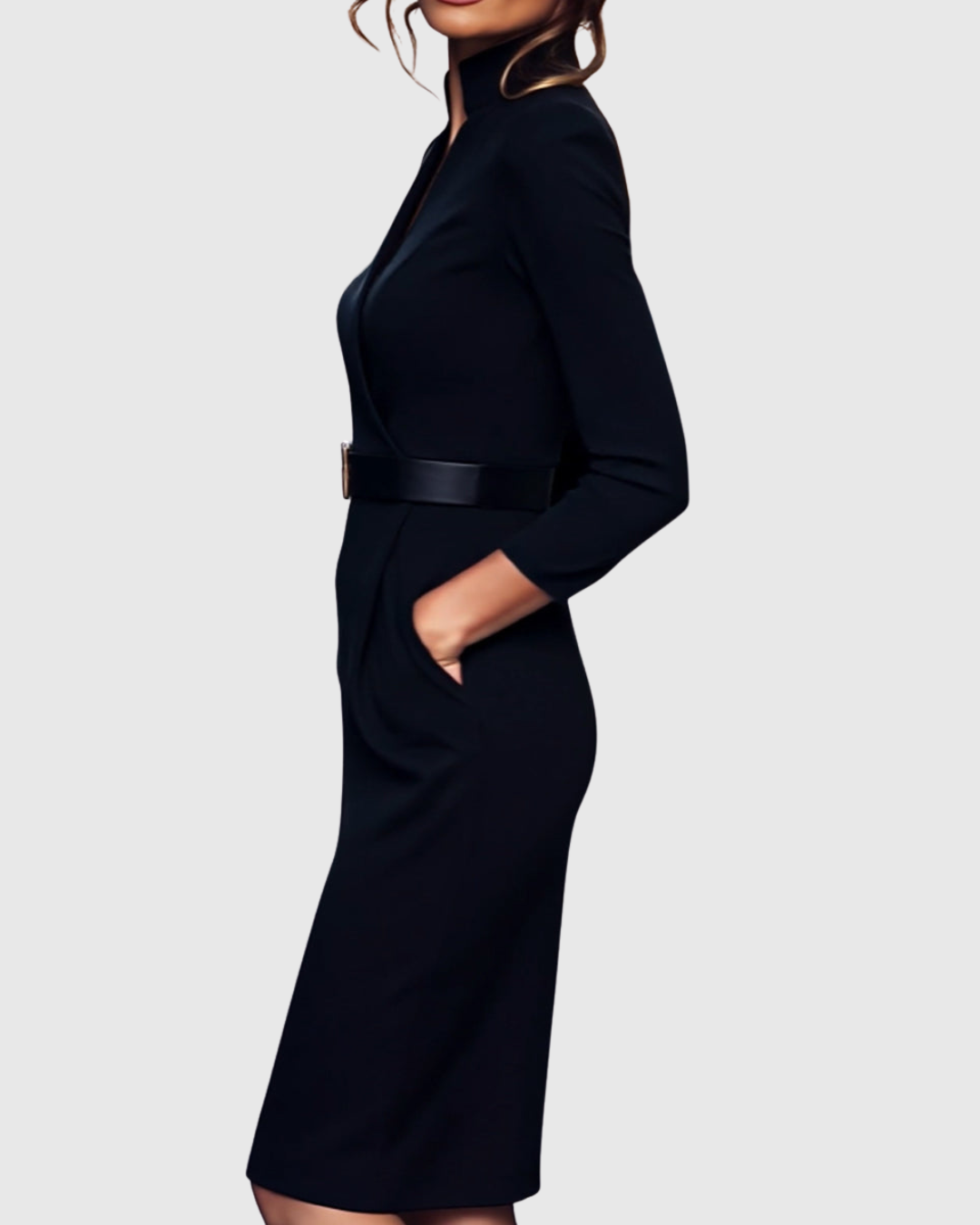 Women's Polyester Midi Dress - Mock Wrap & Belted Fit