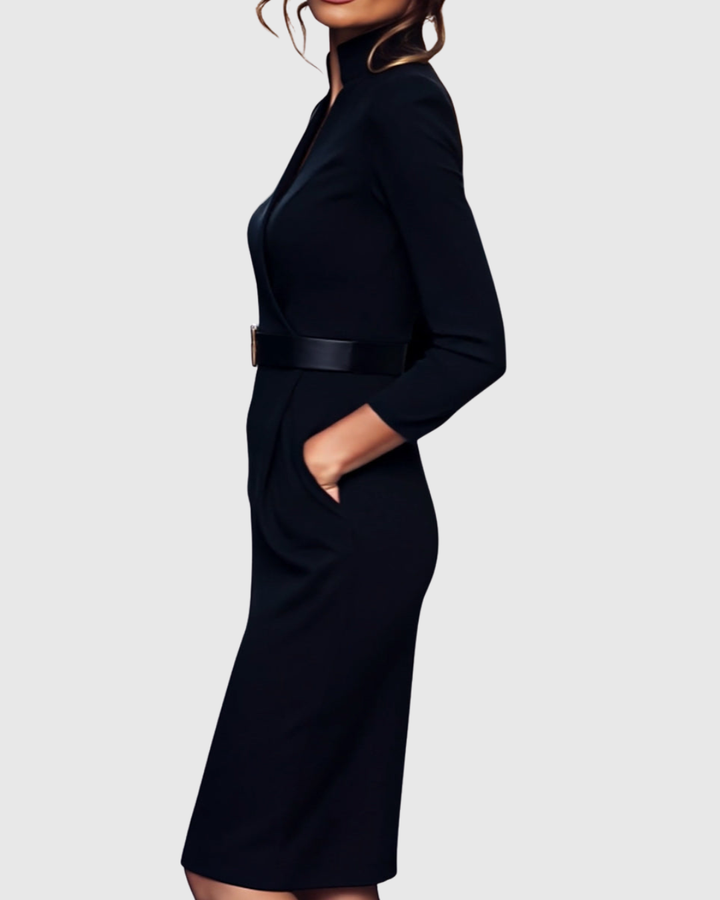 Women's Polyester Midi Dress - Mock Wrap & Belted Fit