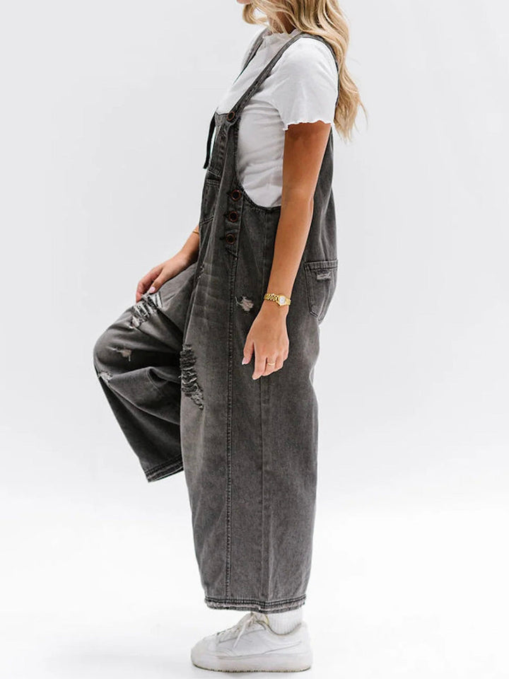 Women's Loose Fit Distressed Denim Overalls - Effortlessly Cool