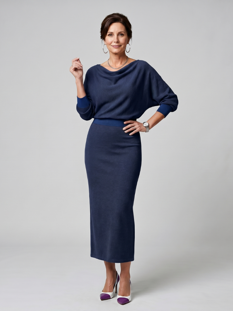Women's Romy Draped Neckline Fitted Midi Dress - Classic Silhouette